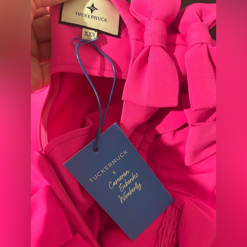 Tuckernuck x Cameran Eubanks Wimberly Hot Pink Bow Detail Long Sleeve Mini Dress - Picture 3 of 3